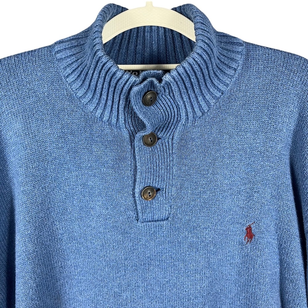 Polo Ralph Lauren Sweater Mens XXL Blue Mock Neck Button Cotton Pullover - Picture 1 of 7
